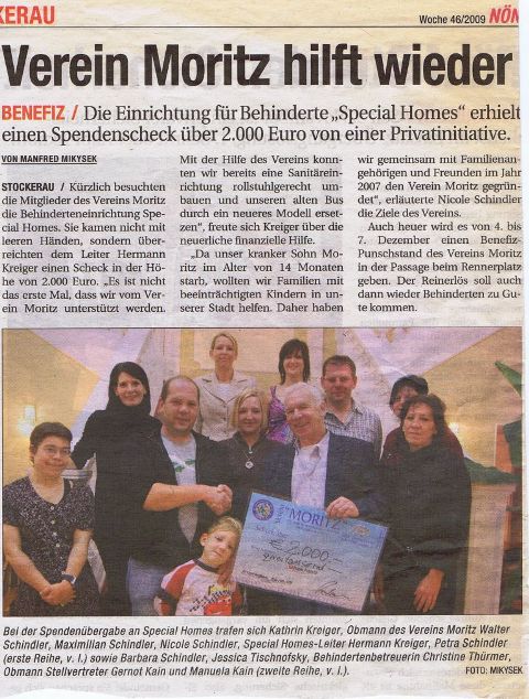 Presseartikel zur Spendenübergabe an Specialhomes 2009